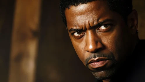 Intense male portrait in dramatic warm studio lighting.