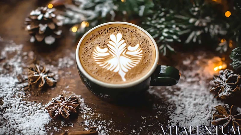 Holiday latte art warms a rustic winter table setting.