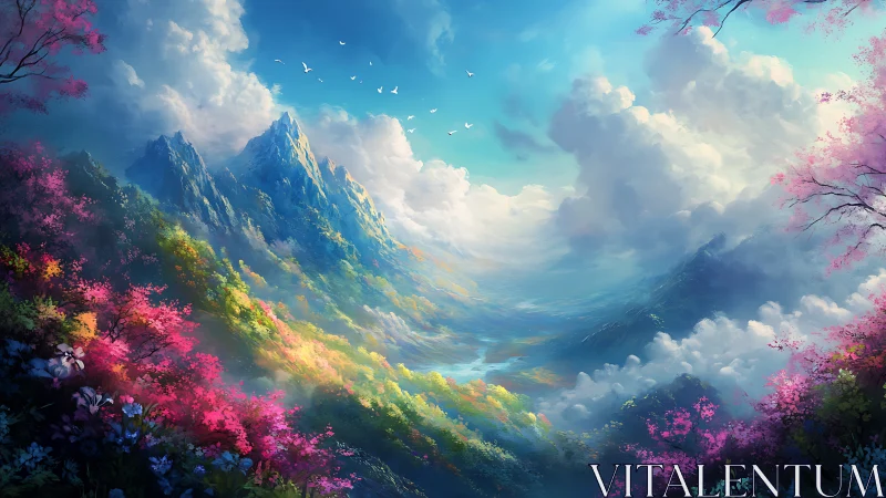Luminous mountain valley with vibrant spring blossom clouds.