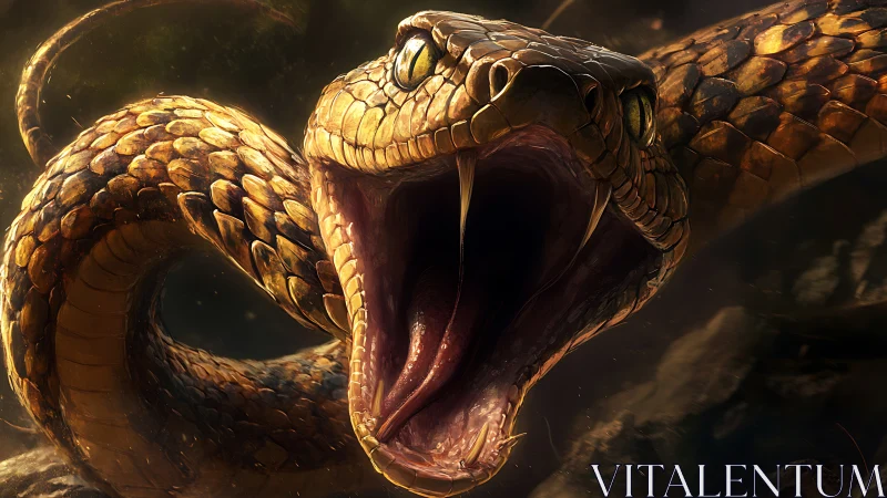 Hyperreal coiled viper in strike posture with exposed fangs