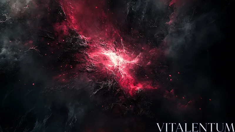 Crimson cosmic nebula exploding through dark void.