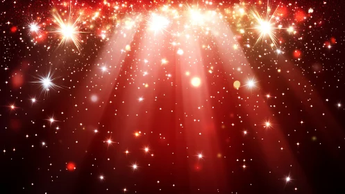Radiant red spotlight beams cut through dense golden stardust