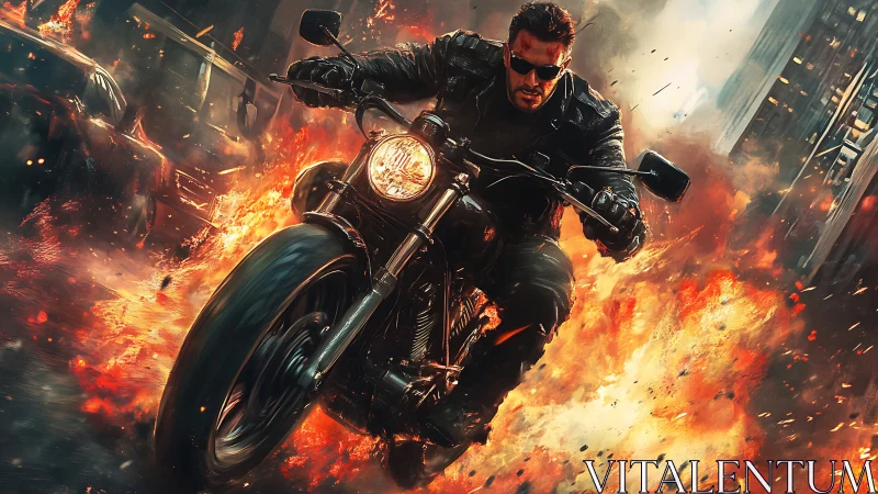 Motorcycle rider accelerates through exploding city street.