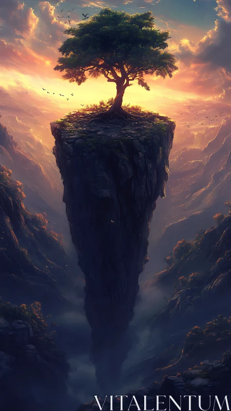 Solitary tree crowns a soaring floating cliff at sunrise.