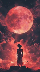 Stargazing warrior stands beneath a glowing crimson moon sky