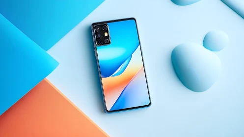 Modern smartphone with quad camera on pastel geometric background.