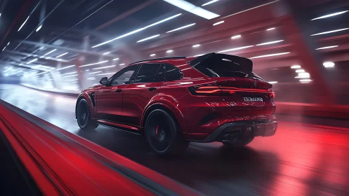 Crimson performance SUV surges through a neon lit city tunnel