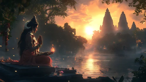 Figure performs riverbank ritual at sunset with distant temples