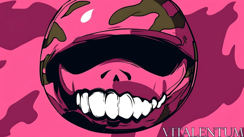 Pink camo helmet skull with bold graphic grin.