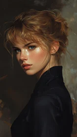 Young woman in black turtleneck portrait in warm light.