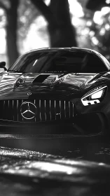 Midnight gloss on a poised Mercedes sports car front.