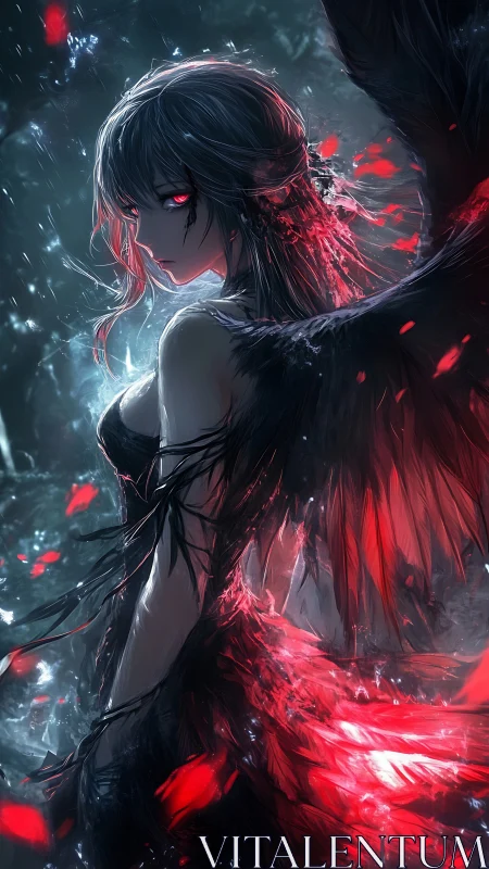Crimson-winged dusk angel brooding in emberlit shadowglow.