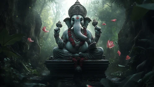 Elephant-headed deity statue seated in dense forest clearing.