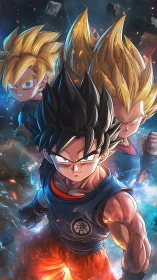 Tri-character Saiyan power lineup with dynamic aura lighting