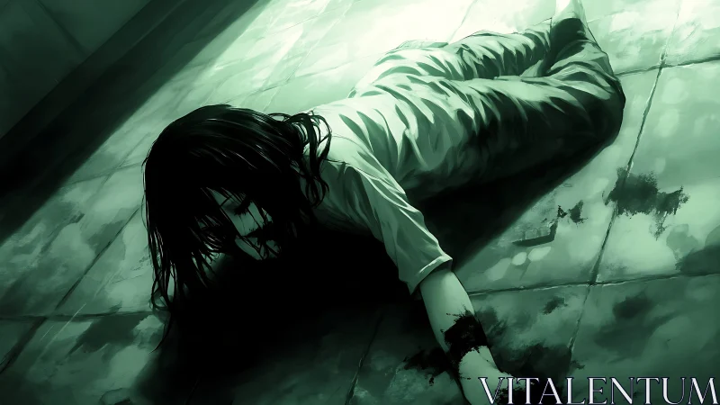 Shadowed corridor mystery with a fallen figure in green light.