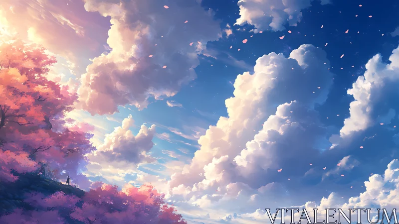 Sunlit sakura hill under towering spring cloudscape sky