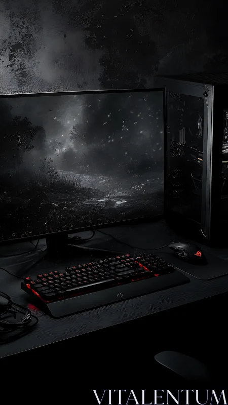 Dark gaming battlestation glows with red backlit hardware.