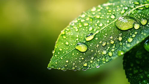 Macro study of dewdrops on leaf with bokeh depth field.