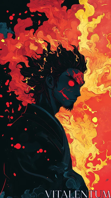 Dark warrior silhouette with red eyes against raging flames.