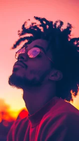 Side profile portrait uses strong magenta and orange gradient lighting