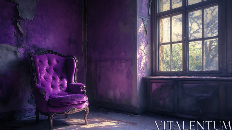 Purple armchair in decayed room by sunlit window interior.