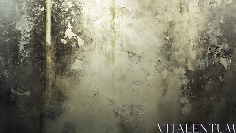 Weathered concrete wall exhibits peeling plaster and stains