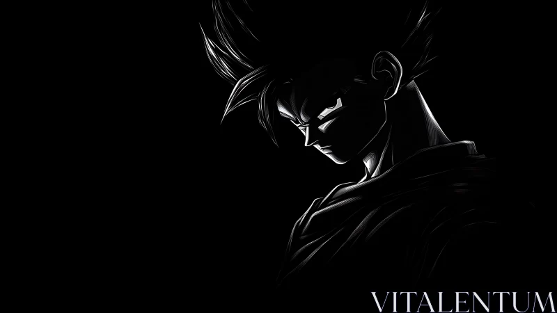 Side-lit anime warrior portrait emerges from black background.