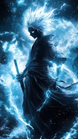 Blade-wielding warrior emerges from crackling blue energy storm.