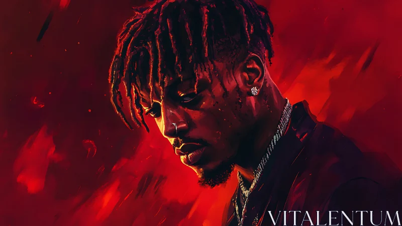 Moody digital portrait in crimson tonal color field lighting.