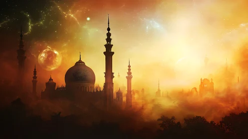 Surreal digital mosque skyline in celestial ember haze.