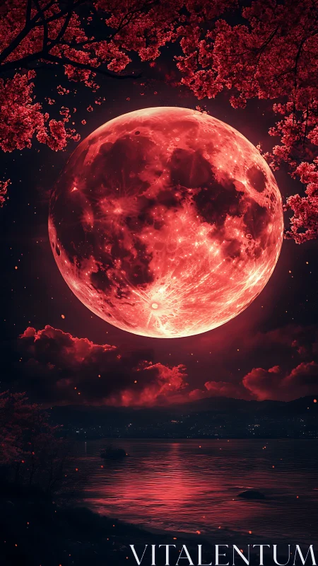 Blood moon rising above crimson lake and sakura canopy.