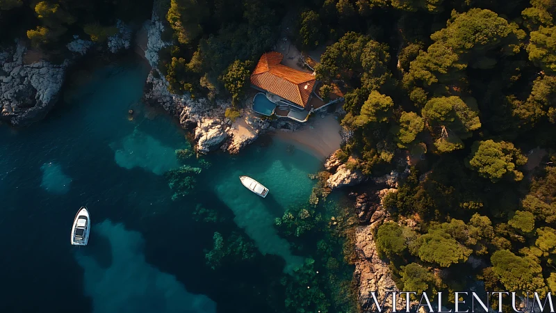 Aerial Cove: Twin Motorboats Anchored by Terracotta House in Forested Inlet