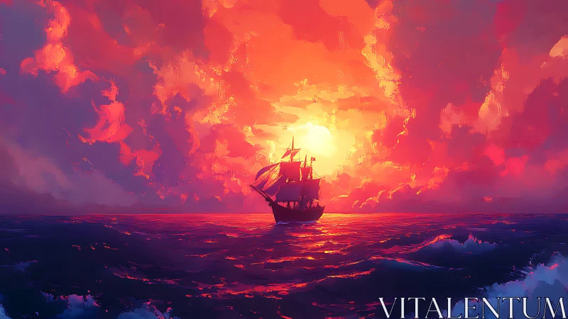 Sailing ship silhouette on open sea under vivid sunset sky.