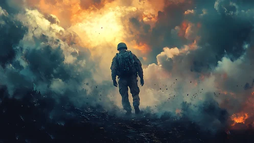 Solitary soldier advances through dense explosive smoke field