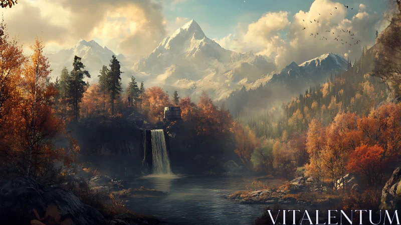Cozy cabin above a misty waterfall in golden autumn valley.