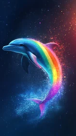 Prismatic dolphin comet surfing neon tides of starlit sea.