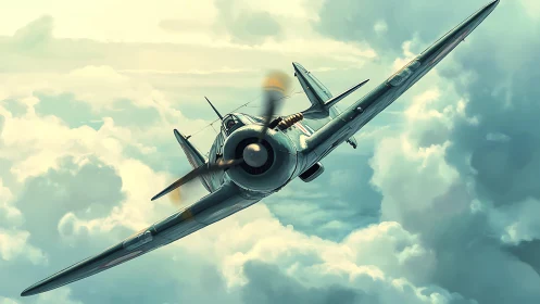 Single propeller fighter aircraft in cloudy sky background.