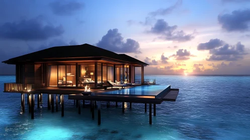 Overwater villa structure extends into sea at sunset view