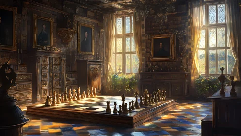 Sunlit chess colossus waits in a hush of ancestral portraits