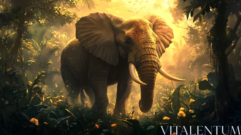 Golden jungle wanderer stepping softly through light.