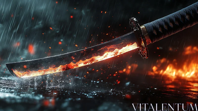 Flaming katana blade under storm rain with flying embers.