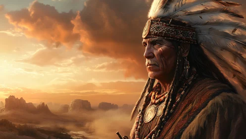 Elder in feathered headdress watches a desert sunset in silence.