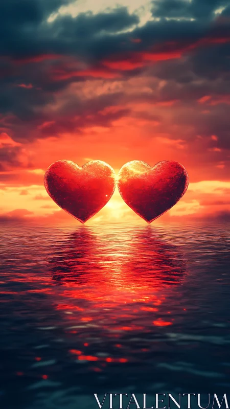 Two luminous hearts positioned on reflective water surface beneath dramatic sunset sky.