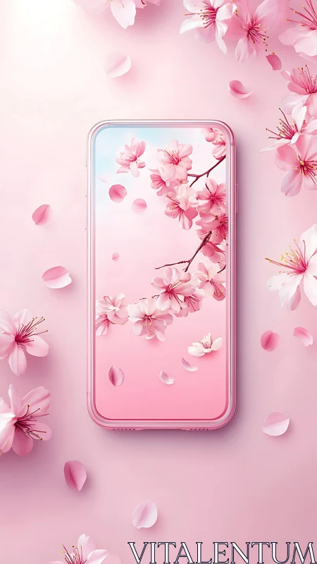 Soft pink smartphone with dreamy cherry blossom petals.