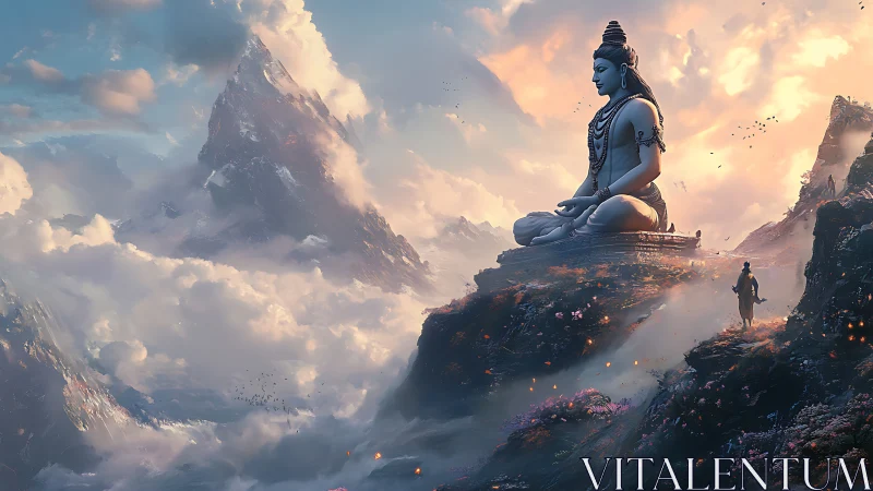 Mountain deity statue overlooks misty valley at sunrise.