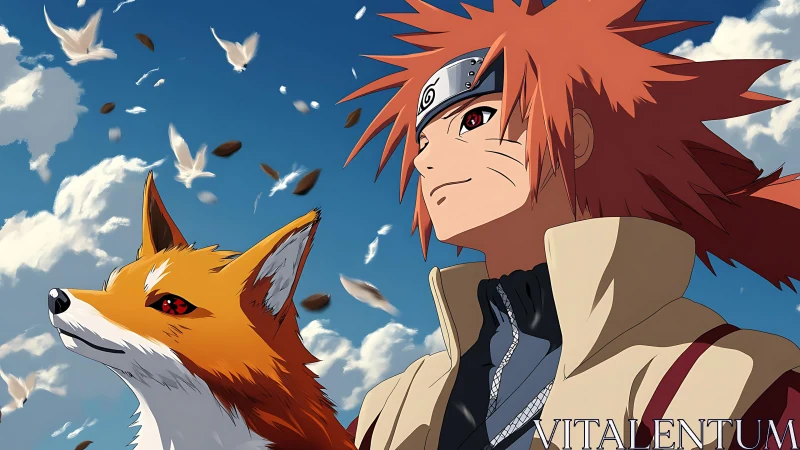 Red haired ninja and fox companion under dynamic sky.