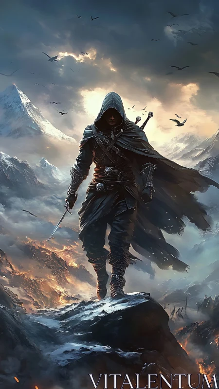 Hooded rogue strides across burning alpine battlefield.