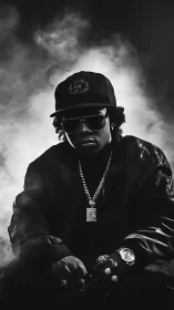 Moody monochrome portrait of hip-hop artist in smoke.