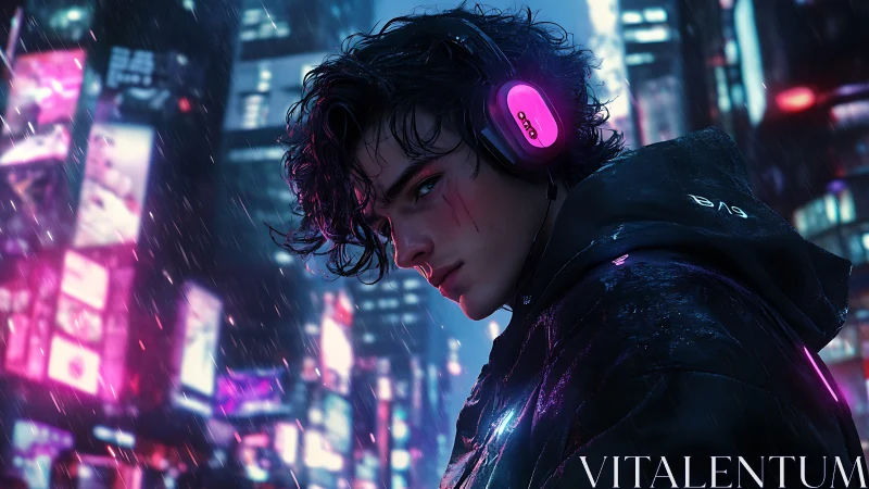 Brooding cyberpunk youth with neon headset in wet city street.