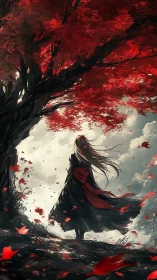 Digital painting of a lone figure beneath crimson maple canopy.